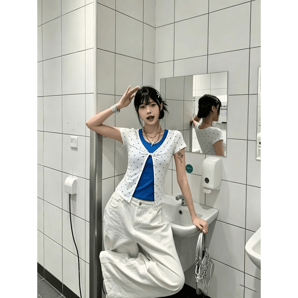 사람들 면 모달 배색 페이크 레이어드 티셔츠 여성 몸매 가꾸기 반팔 도트 무늬 긍정적 인 어깨 의류 이미지 5