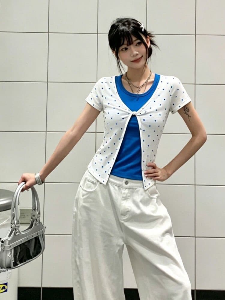 사람들 면 모달 배색 페이크 레이어드 티셔츠 여성 몸매 가꾸기 반팔 도트 무늬 긍정적 인 어깨 의류 이미지 3