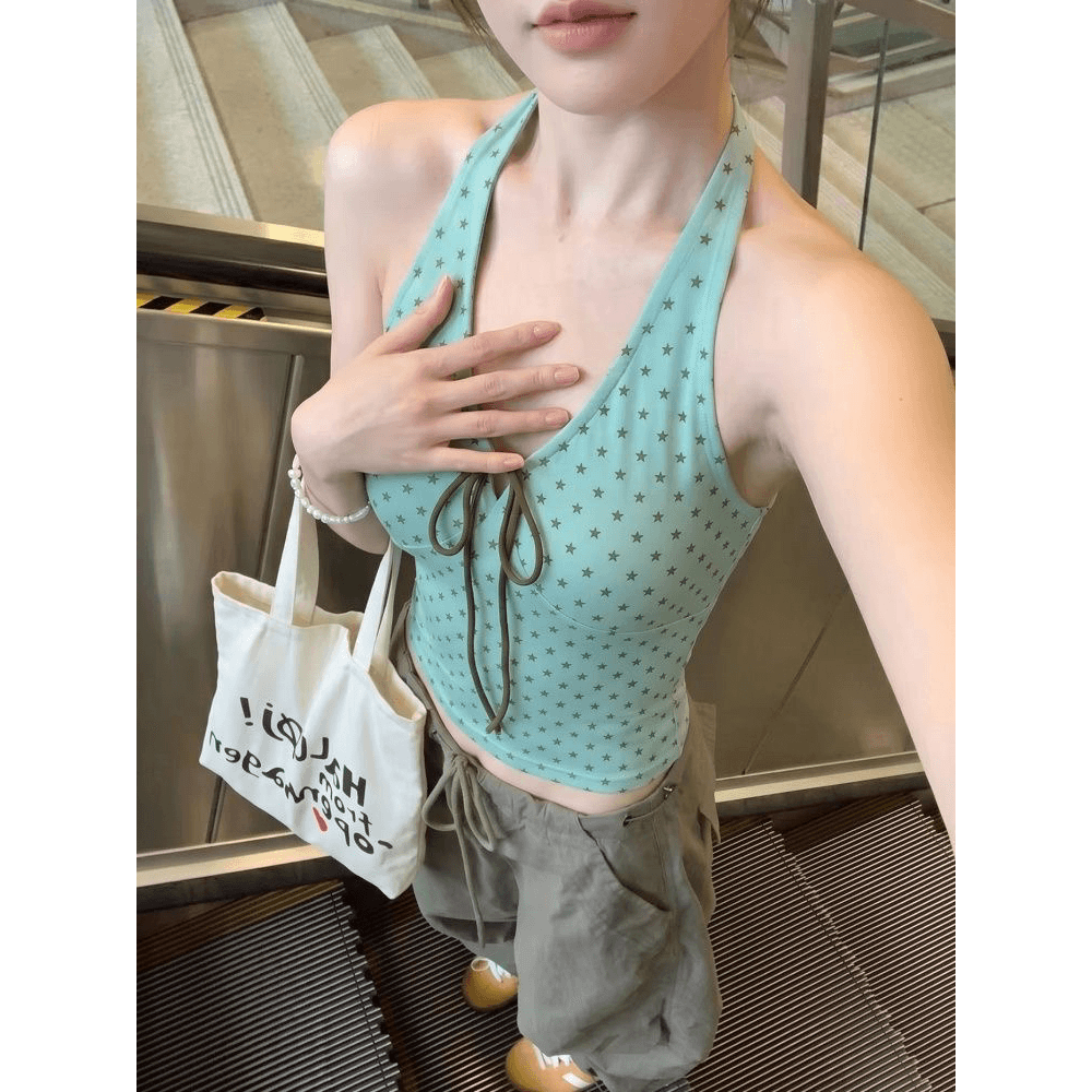 210 그램 40 순면 별 프린트 행침 목 조끼 여성 몸매 가꾸기 끈 맨위 이미지 5