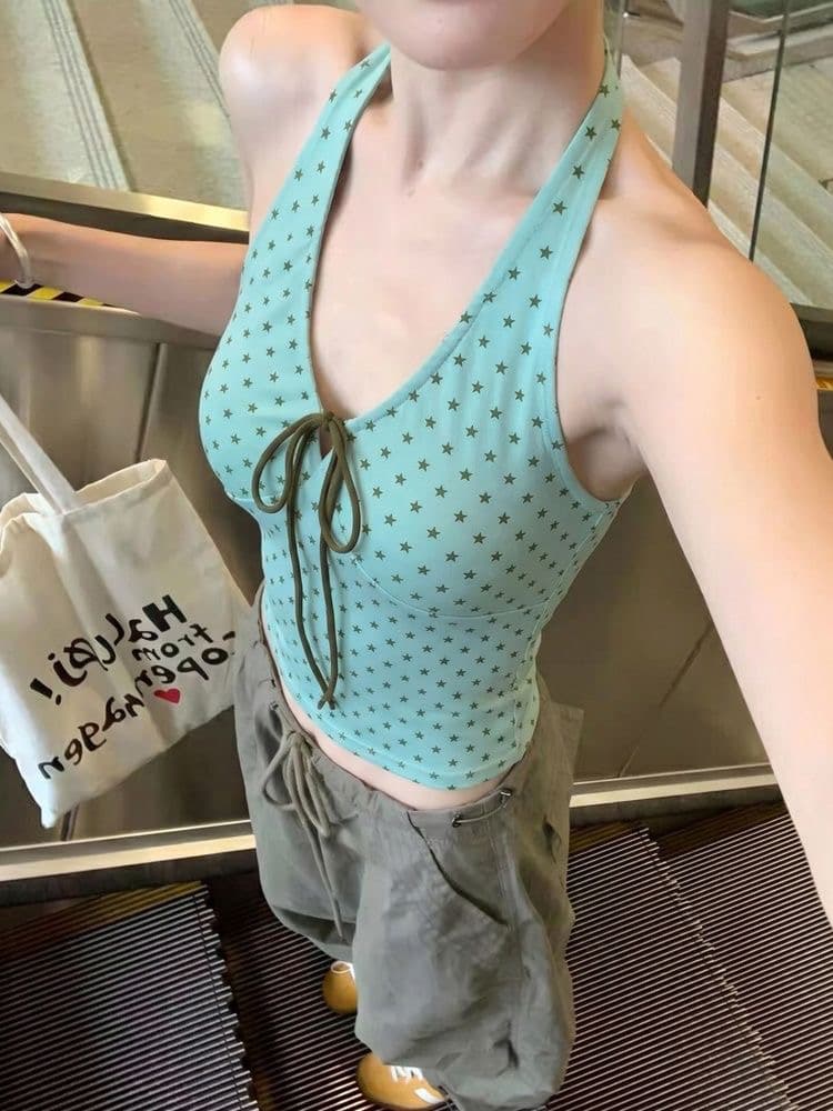 210 그램 40 순면 별 프린트 행침 목 조끼 여성 몸매 가꾸기 끈 맨위 상세 이미지 1
