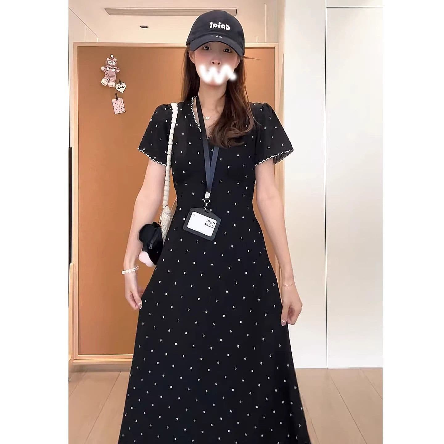 빅 사이즈 지방 mm 프랑스식 그는 벤 바람 패션 검정색 V넥 여성 드레스 여름 허리 수축 슬림해 보이는 품격 길다 치마 이미지 3