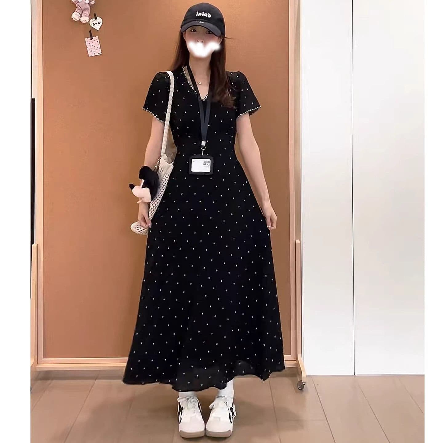 빅 사이즈 지방 mm 프랑스식 그는 벤 바람 패션 검정색 V넥 여성 드레스 여름 허리 수축 슬림해 보이는 품격 길다 치마 이미지 5