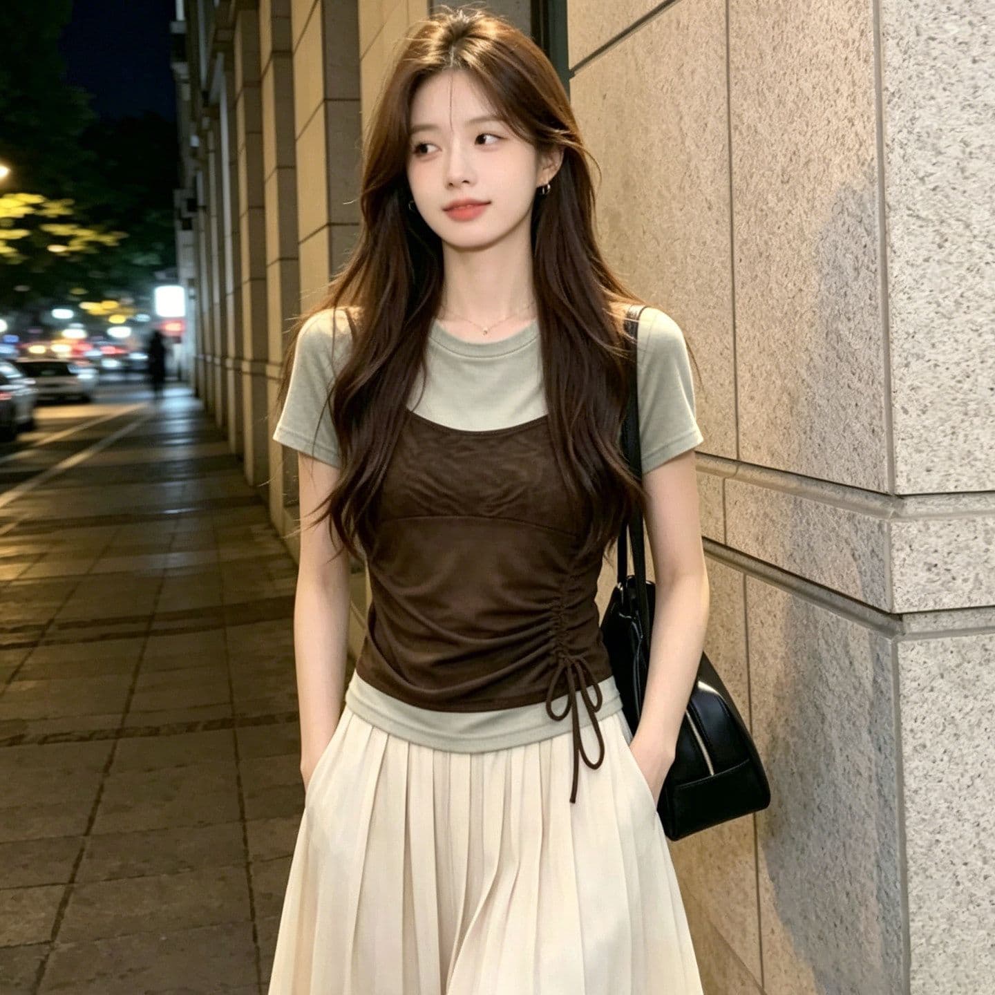 차가운 실크 차가운 면 리브 한 부서 페이크 레이어드 반팔 티셔츠 여성 의류 26 여름 새로운 허리 수축 배색 패치워크 맨위 상세 이미지 4