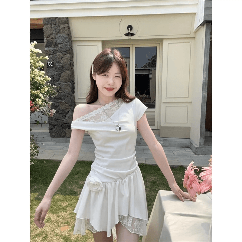불규칙 순수한 욕망 바람 비스듬한 어깨 레이스 조각 드레스 아이들 2026 여름 새로운 디자인 센스 허리 수축 미니 스커트 상세 이미지 5