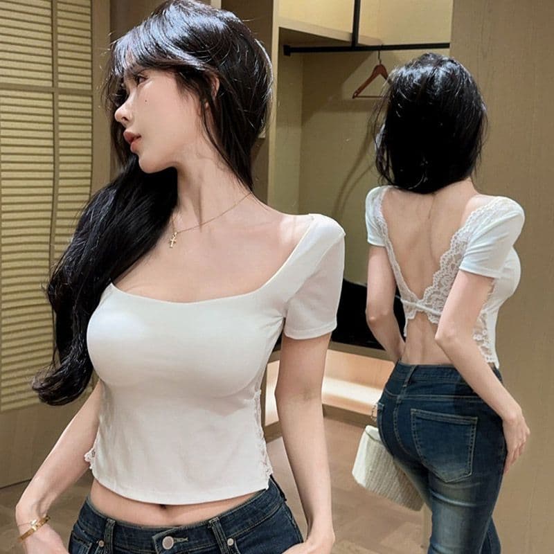 경관 그림 정가 사람들 면 벨트 가슴 패드 순수한 욕망 바람 레이스 반팔 티셔츠 여성 여름 쇼트 스타일 몸매 가꾸기 기본 셔츠 맨위 상세 이미지 1