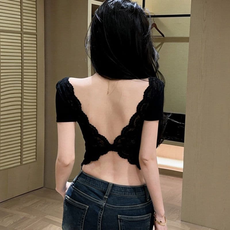 경관 그림 정가 사람들 면 벨트 가슴 패드 순수한 욕망 바람 레이스 반팔 티셔츠 여성 여름 쇼트 스타일 몸매 가꾸기 기본 셔츠 맨위 상세 이미지 4
