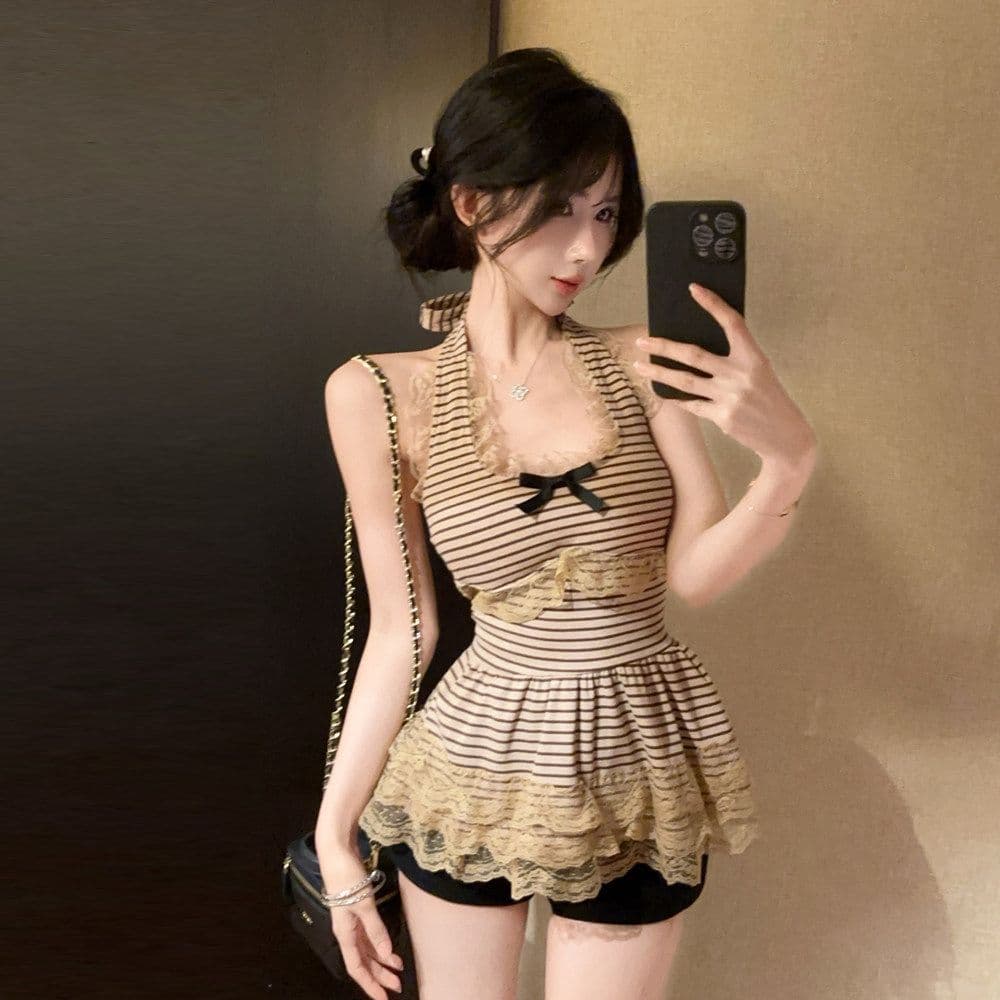 경관 그림 정가 원본 원단 벨트 가슴 패드 무거운 작업 레이스 나비 매듭 행침 목 허리 수축 캐미솔 맨위 상세 이미지 1