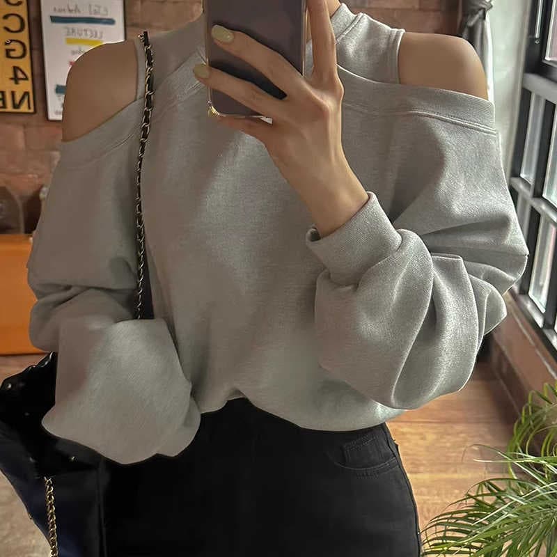 한국 chic 가을 작은 대중 디자인 센스 라운드 넥 오프숄더 루즈핏 캐주얼 다용도 긴팔 단색 풀오버 스웨트셔츠 여성 상세 이미지 5