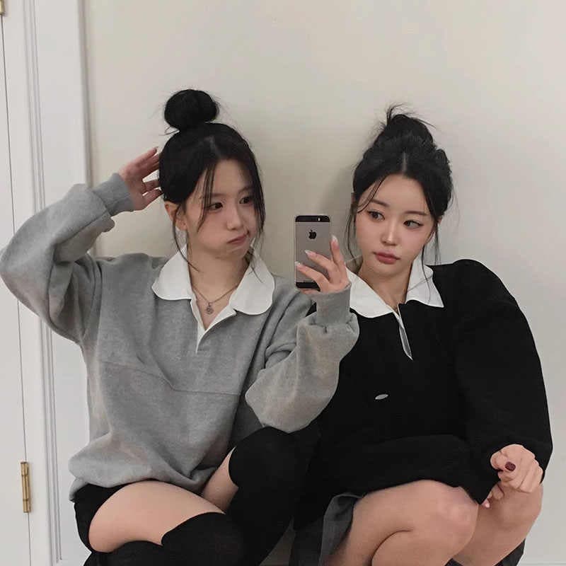한국 chic 가을 작은 대중 디자인 센스 라운드 넥 오프숄더 루즈핏 캐주얼 다용도 긴팔 단색 풀오버 스웨트셔츠 여성