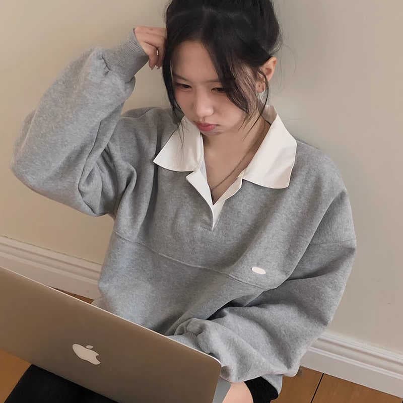 한국 chic 가을 작은 대중 디자인 센스 라운드 넥 오프숄더 루즈핏 캐주얼 다용도 긴팔 단색 풀오버 스웨트셔츠 여성 상세 이미지 2