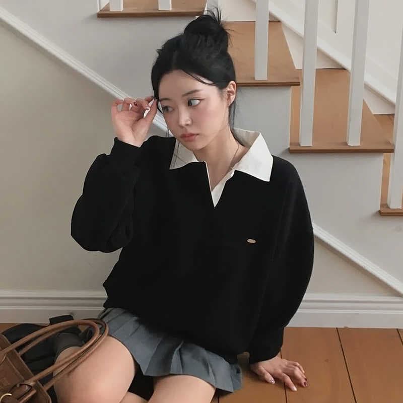 한국 chic 가을 작은 대중 디자인 센스 라운드 넥 오프숄더 루즈핏 캐주얼 다용도 긴팔 단색 풀오버 스웨트셔츠 여성 상세 이미지 4
