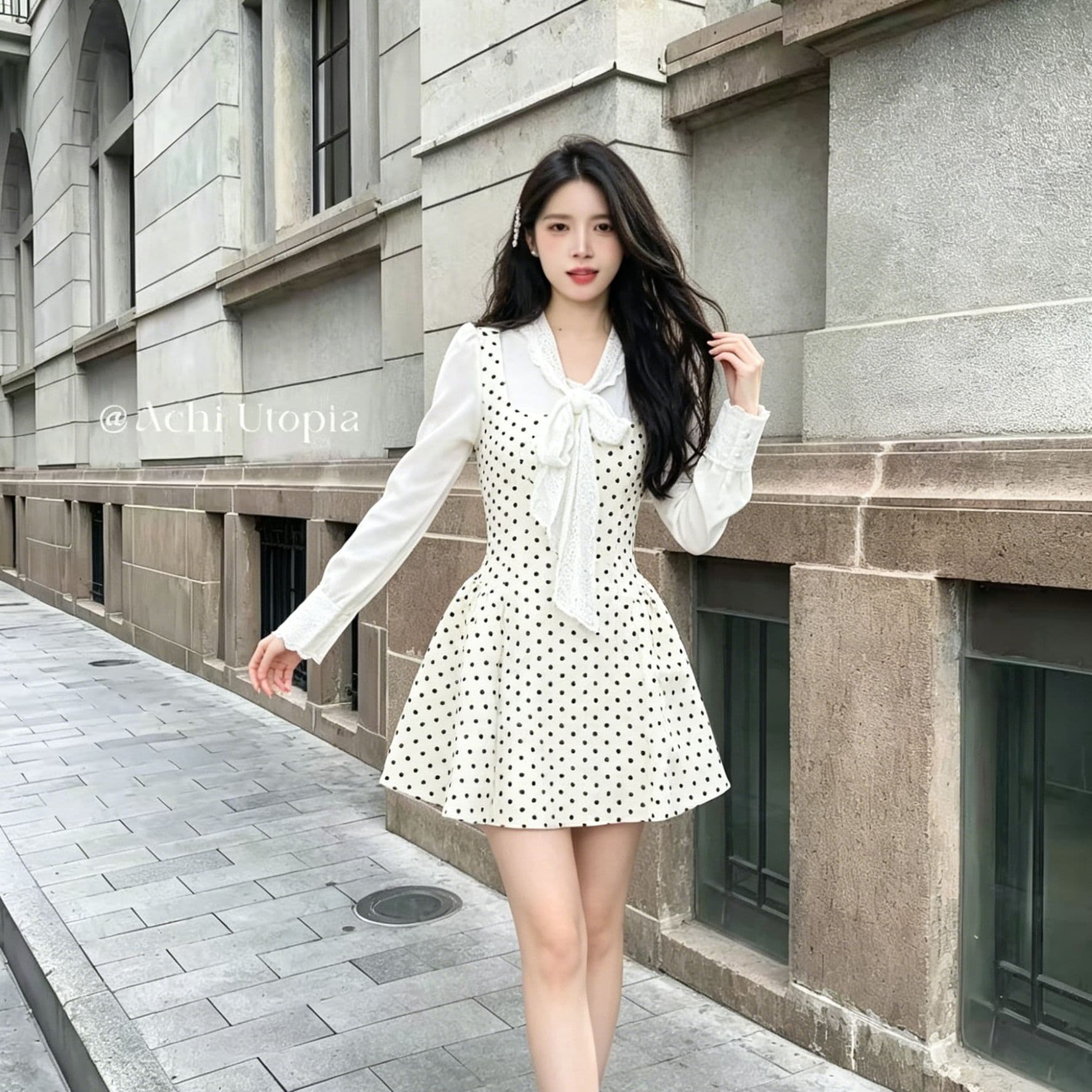 부드러운 바람 블랙 도트 무늬 페이크 레이어드 치마 패치워크 레이스 나비 매듭 긴팔 하이웨이스트 퍼프 미니 스커트 소녀 드레스