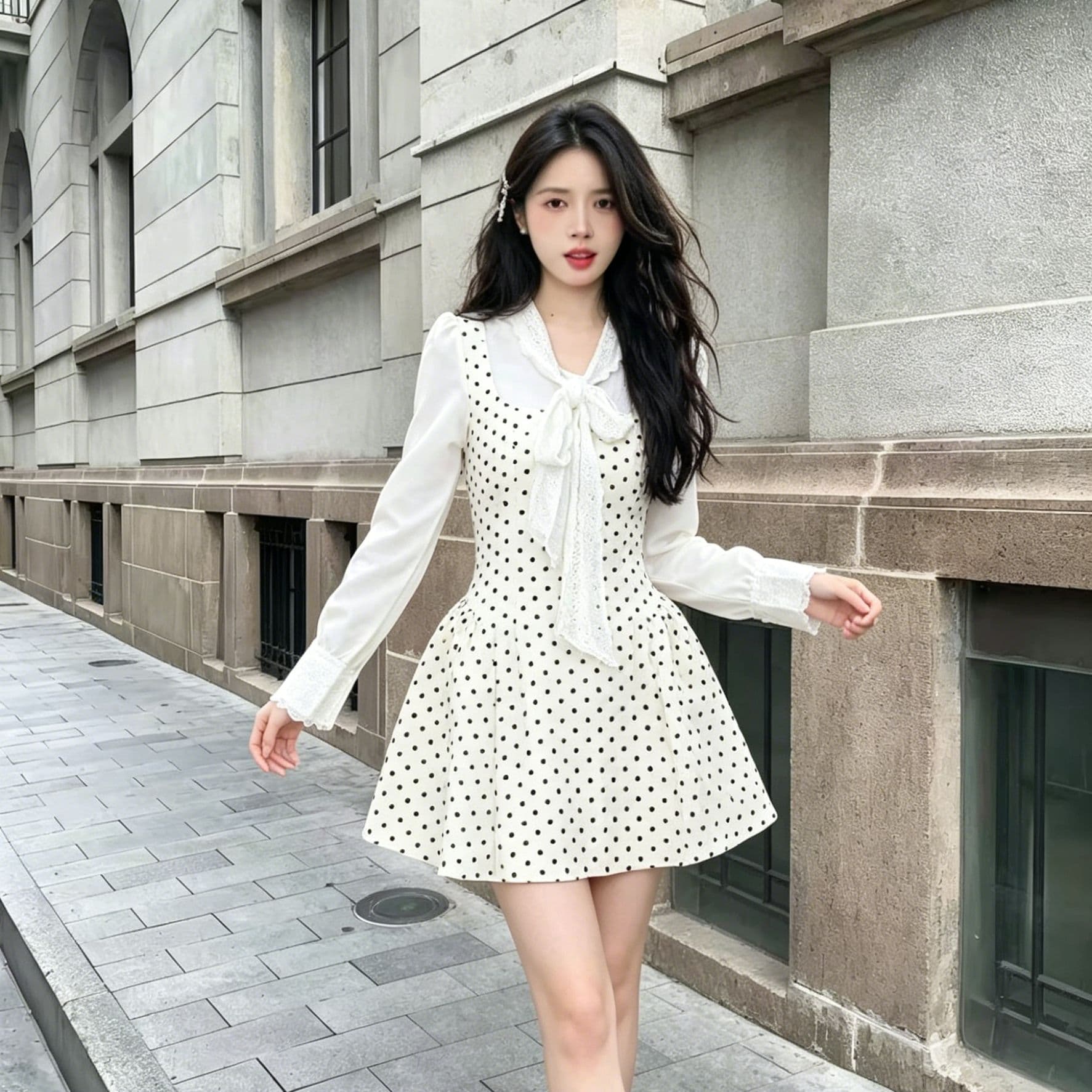 부드러운 바람 블랙 도트 무늬 페이크 레이어드 치마 패치워크 레이스 나비 매듭 긴팔 하이웨이스트 퍼프 미니 스커트 소녀 드레스 이미지 5