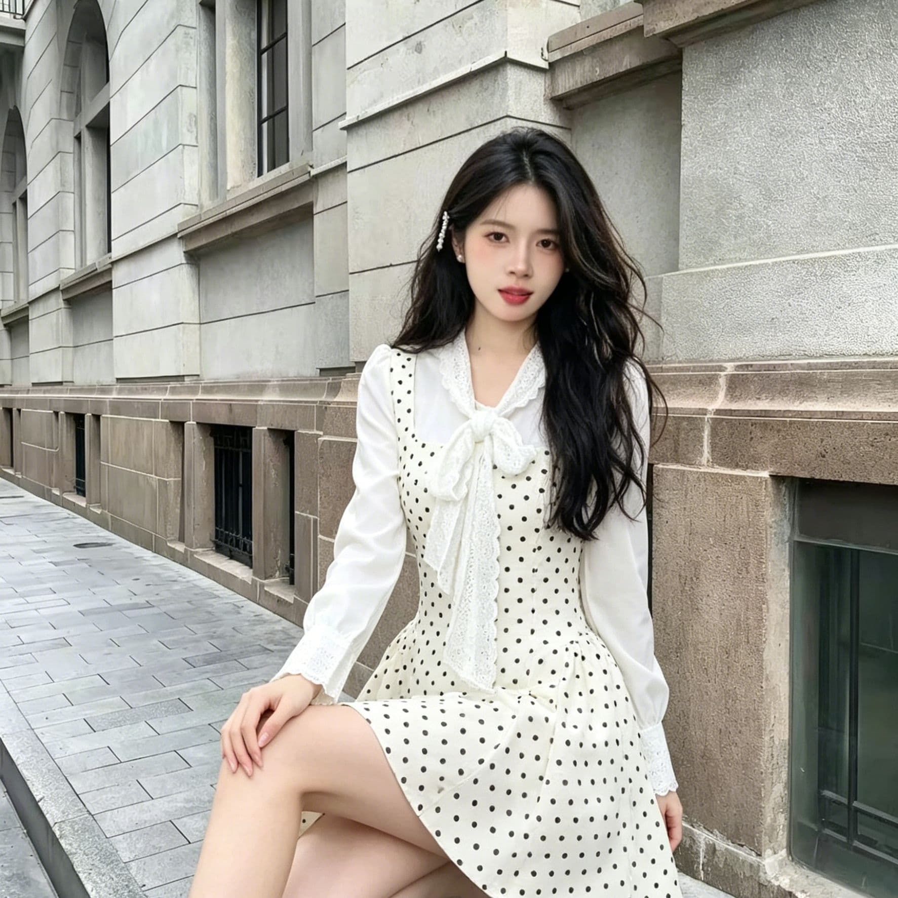 부드러운 바람 블랙 도트 무늬 페이크 레이어드 치마 패치워크 레이스 나비 매듭 긴팔 하이웨이스트 퍼프 미니 스커트 소녀 드레스 상세 이미지 2