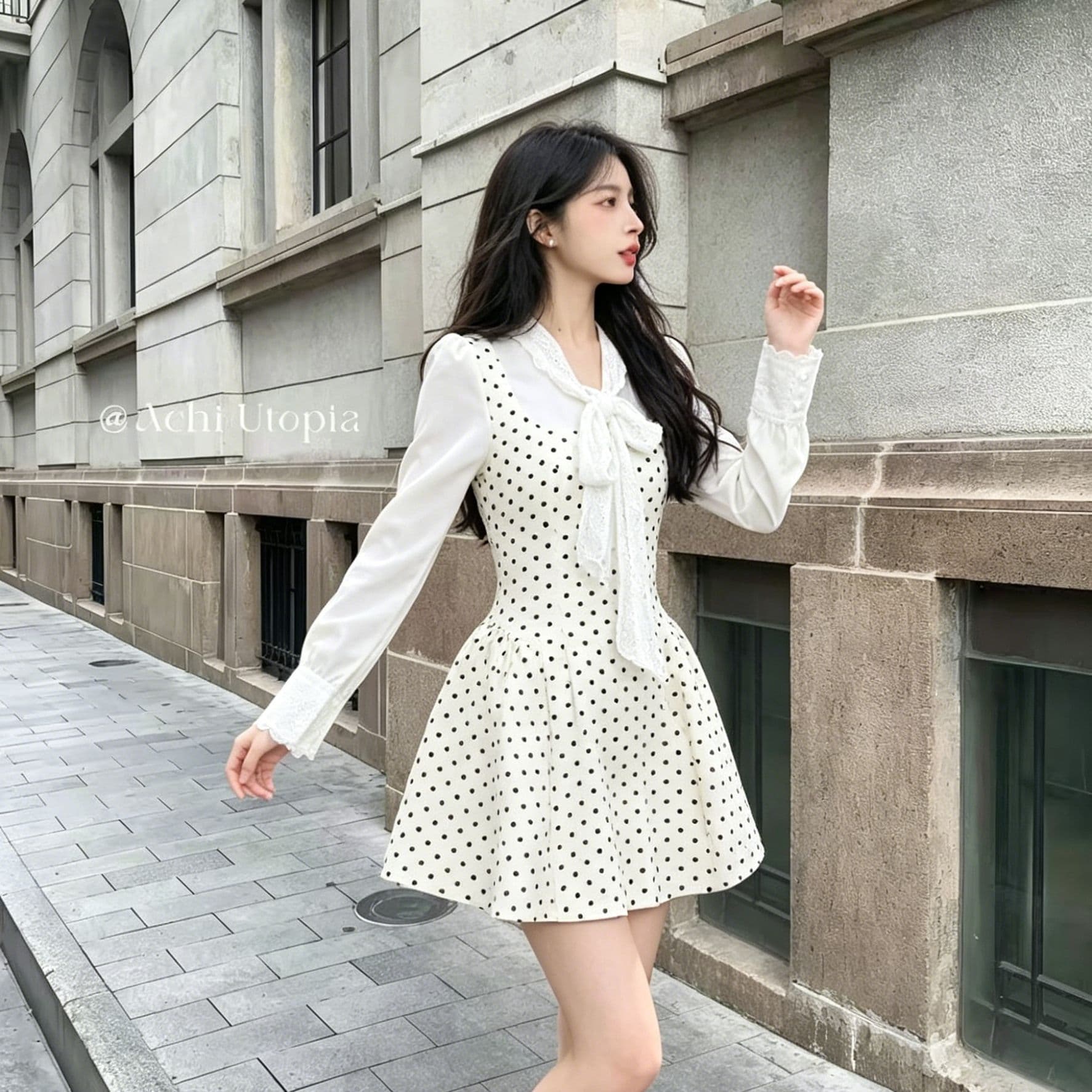 부드러운 바람 블랙 도트 무늬 페이크 레이어드 치마 패치워크 레이스 나비 매듭 긴팔 하이웨이스트 퍼프 미니 스커트 소녀 드레스 상세 이미지 3
