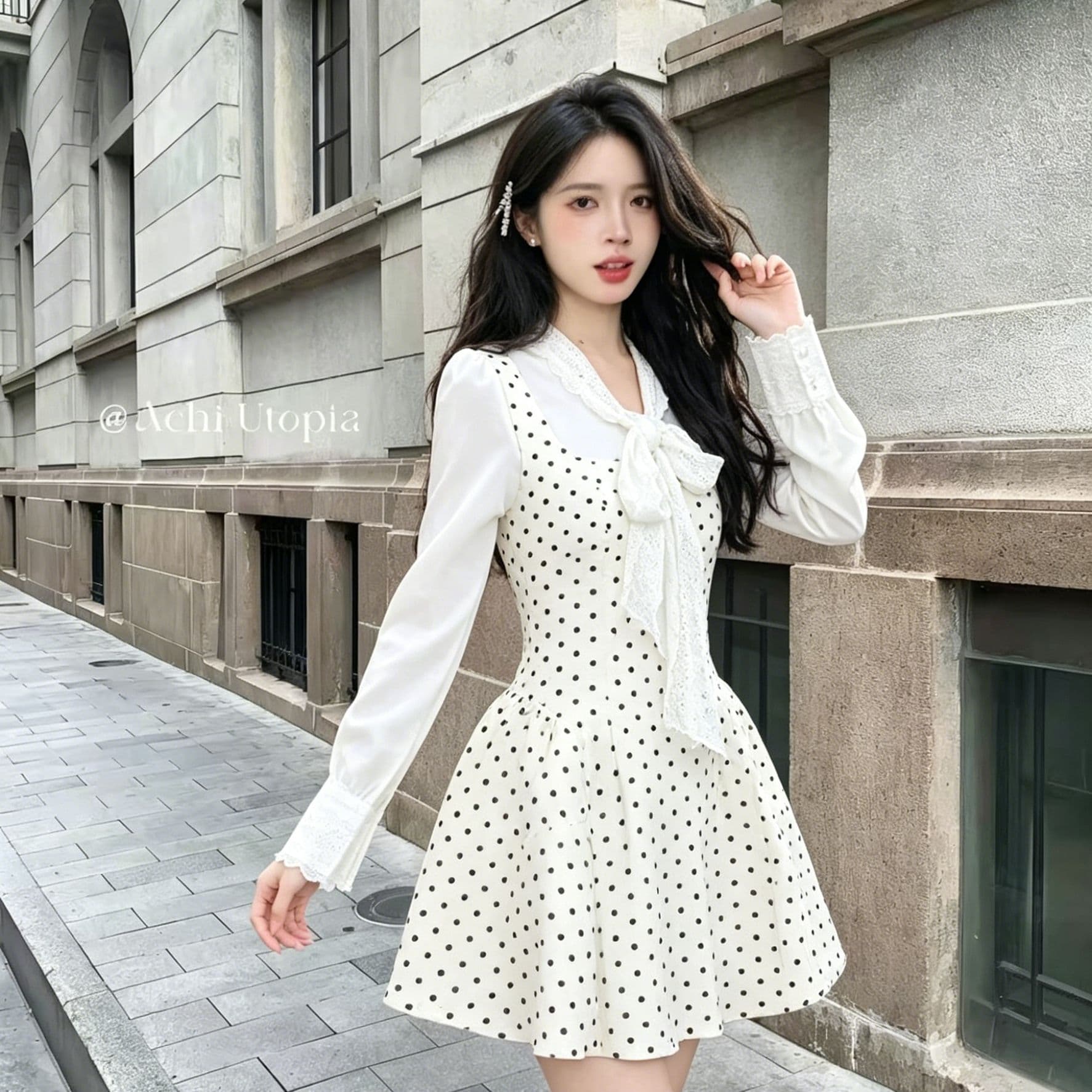 부드러운 바람 블랙 도트 무늬 페이크 레이어드 치마 패치워크 레이스 나비 매듭 긴팔 하이웨이스트 퍼프 미니 스커트 소녀 드레스 상세 이미지 4