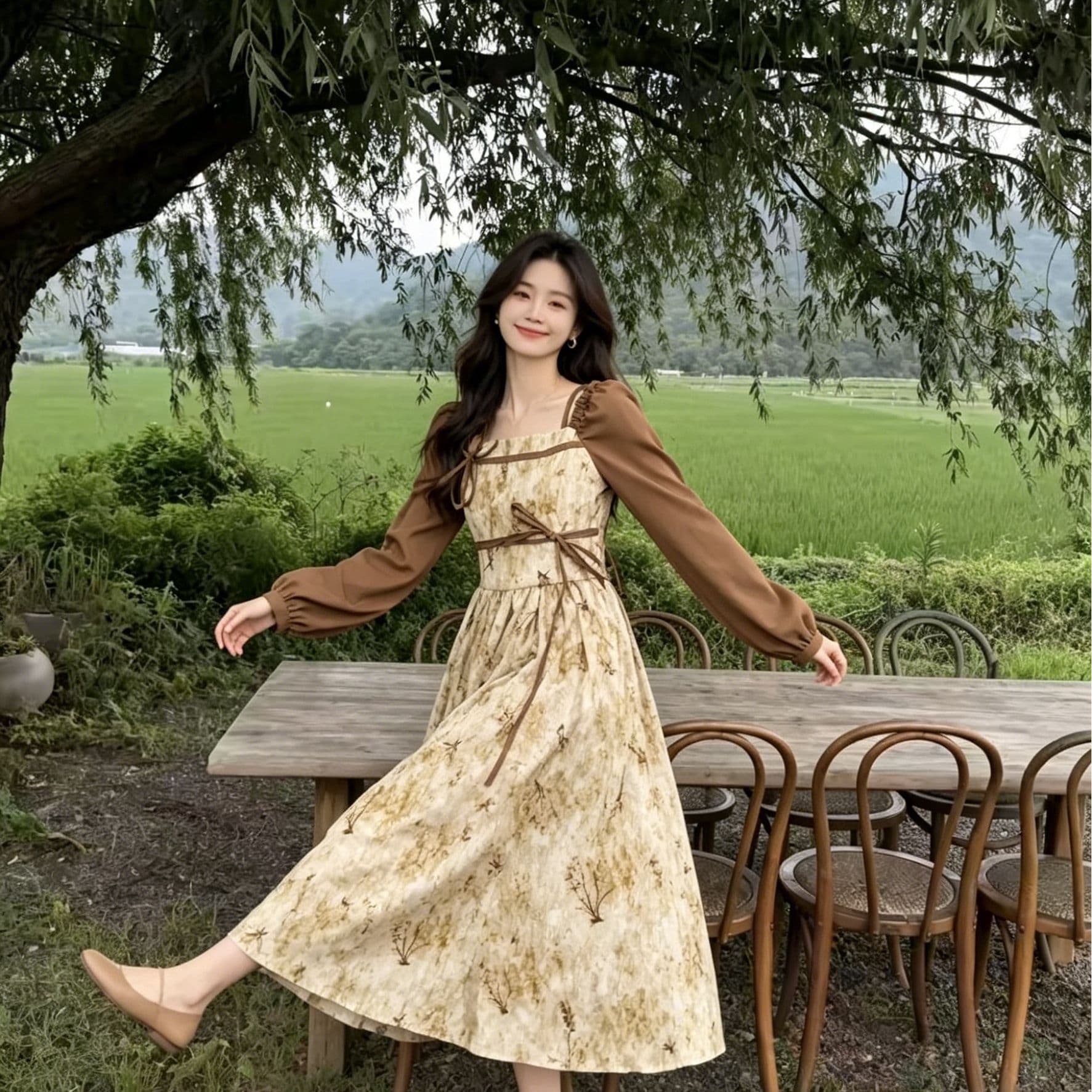레트로 질감 꽃무늬 드레스 배색 버블 긴팔 광장 칼라 더블 레이스업 허리 수축 표지 고기 슬림해 보이는 롱 코트 치마 이미지 3