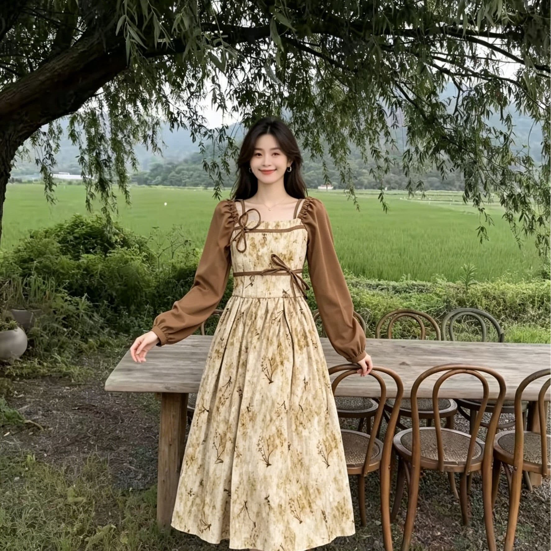 레트로 질감 꽃무늬 드레스 배색 버블 긴팔 광장 칼라 더블 레이스업 허리 수축 표지 고기 슬림해 보이는 롱 코트 치마 이미지 4