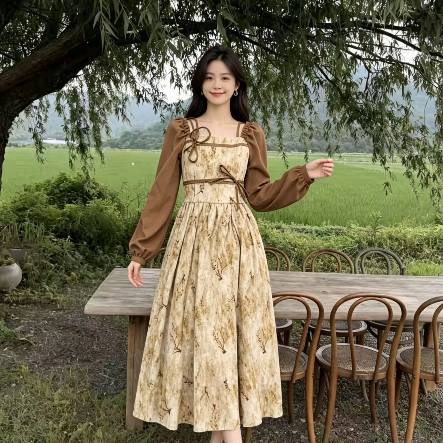 레트로 질감 꽃무늬 드레스 배색 버블 긴팔 광장 칼라 더블 레이스업 허리 수축 표지 고기 슬림해 보이는 롱 코트 치마 상세 이미지 3