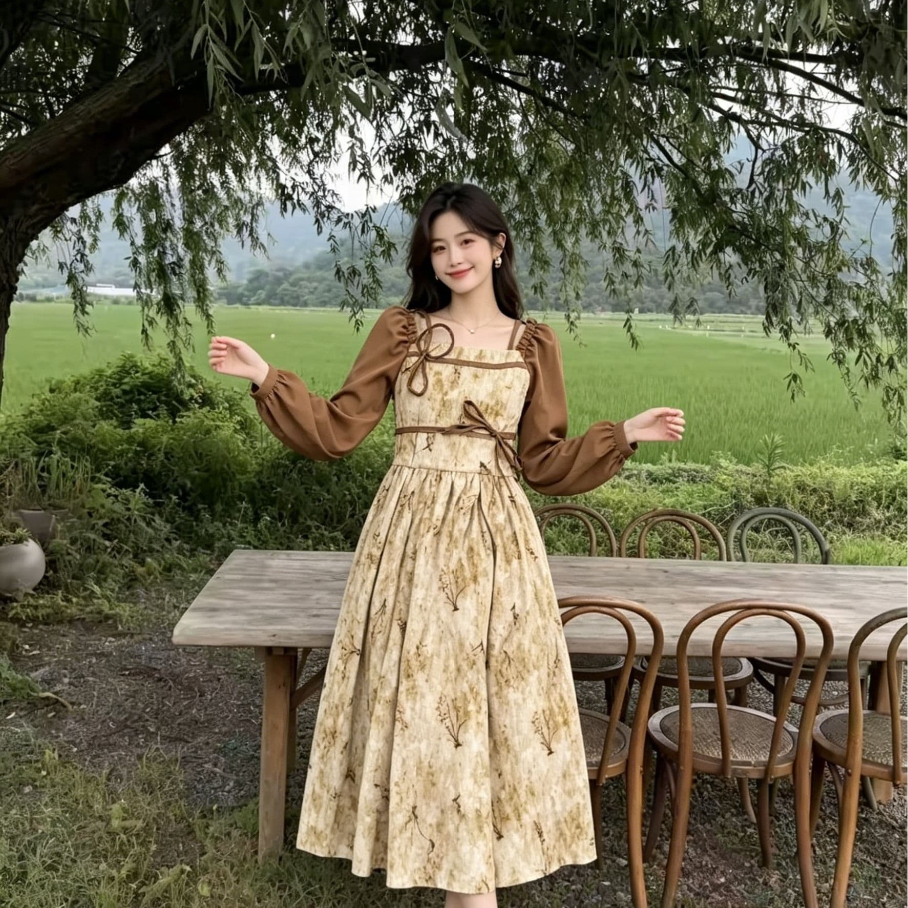 레트로 질감 꽃무늬 드레스 배색 버블 긴팔 광장 칼라 더블 레이스업 허리 수축 표지 고기 슬림해 보이는 롱 코트 치마 상세 이미지 5
