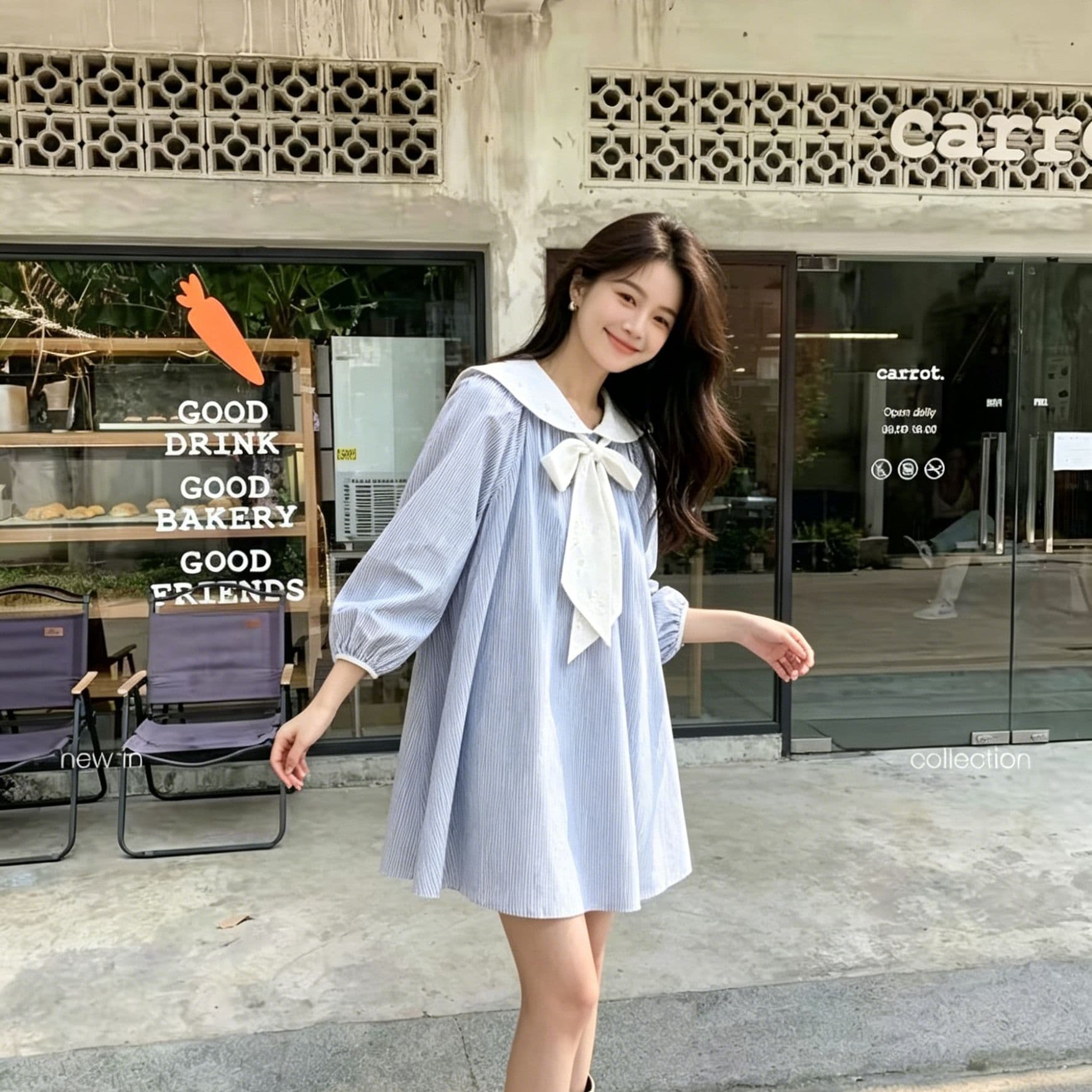 한 부서 신선함 블루 화이트 세로 줄무늬 베이비 칼라 드레스 대 버블 긴팔 루즈핏 a 작은 키 연령 감소 미니 스커트 상세 이미지 5