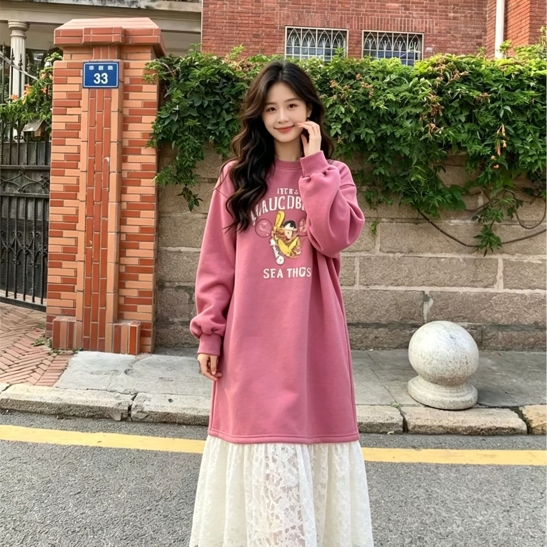 한 부서 느긋한 바람 만화 알파벳 의류 드레스 패치워크 화이트 레이스 드레스 루즈핏 슬림해 보이는 부드러운 요정 치마 이미지 3