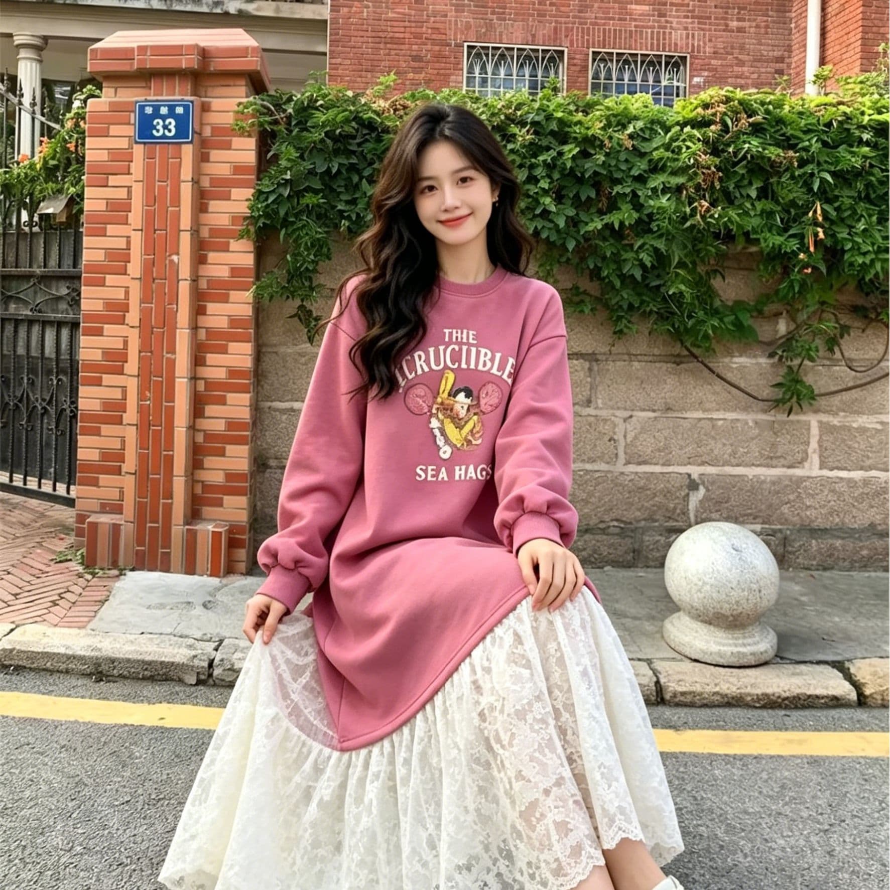 한 부서 느긋한 바람 만화 알파벳 의류 드레스 패치워크 화이트 레이스 드레스 루즈핏 슬림해 보이는 부드러운 요정 치마 이미지 4