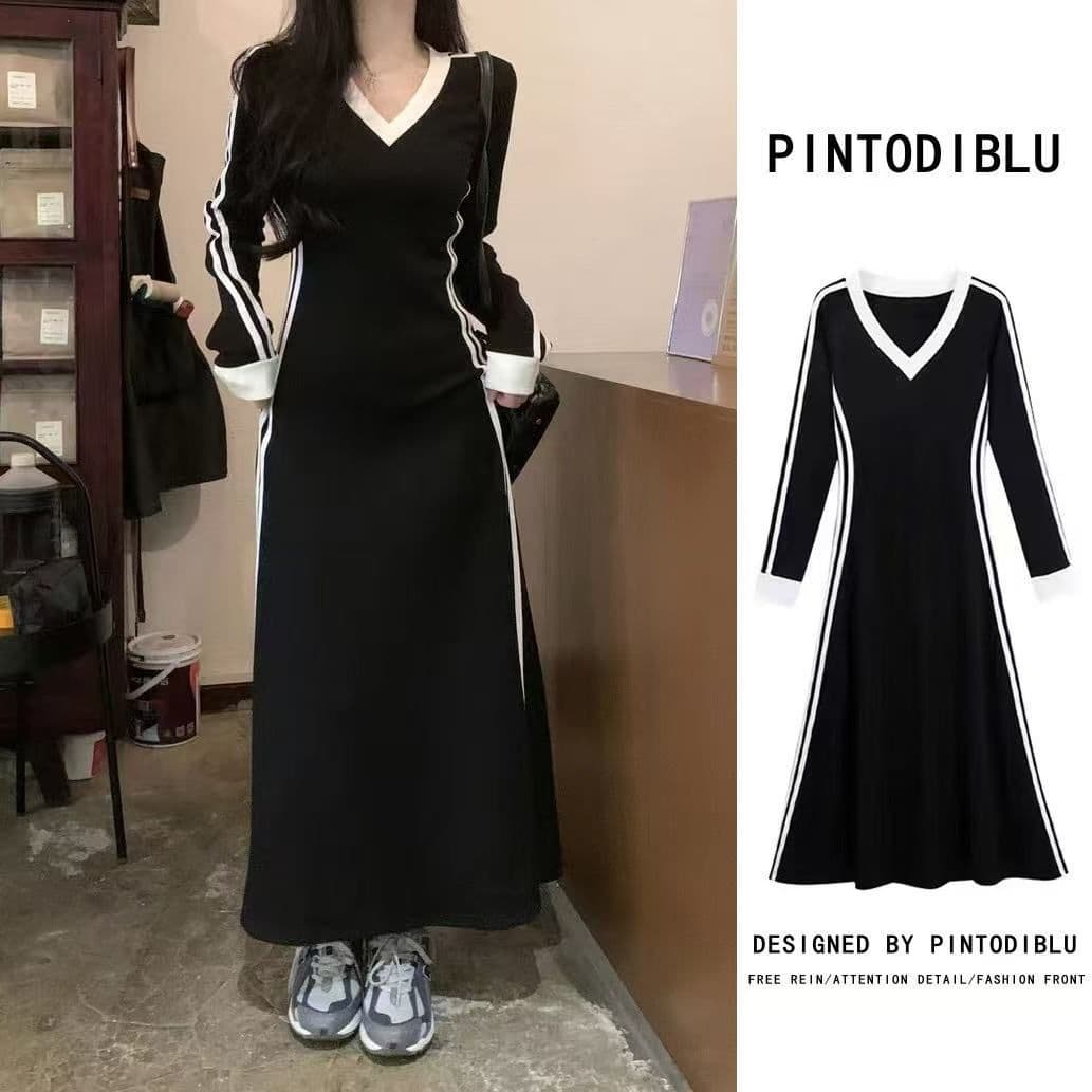 프랑스식 긴팔 V넥 배색 허리 수축 슬림해 보이는 작은 대중 디자인 롱 스커트 검정색 품격 슬림해 보이는 고급 센스 드레스 이미지 2