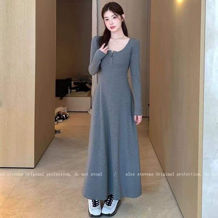 봄 가을 한국 스타일 슈퍼 요정 u 칼라 긴팔 드레스 2026 새로운 품격 몸매 가꾸기 슬림해 보이는 가을 인사이드 가져 가라. 만나는 롱 스커트 상세 이미지 1