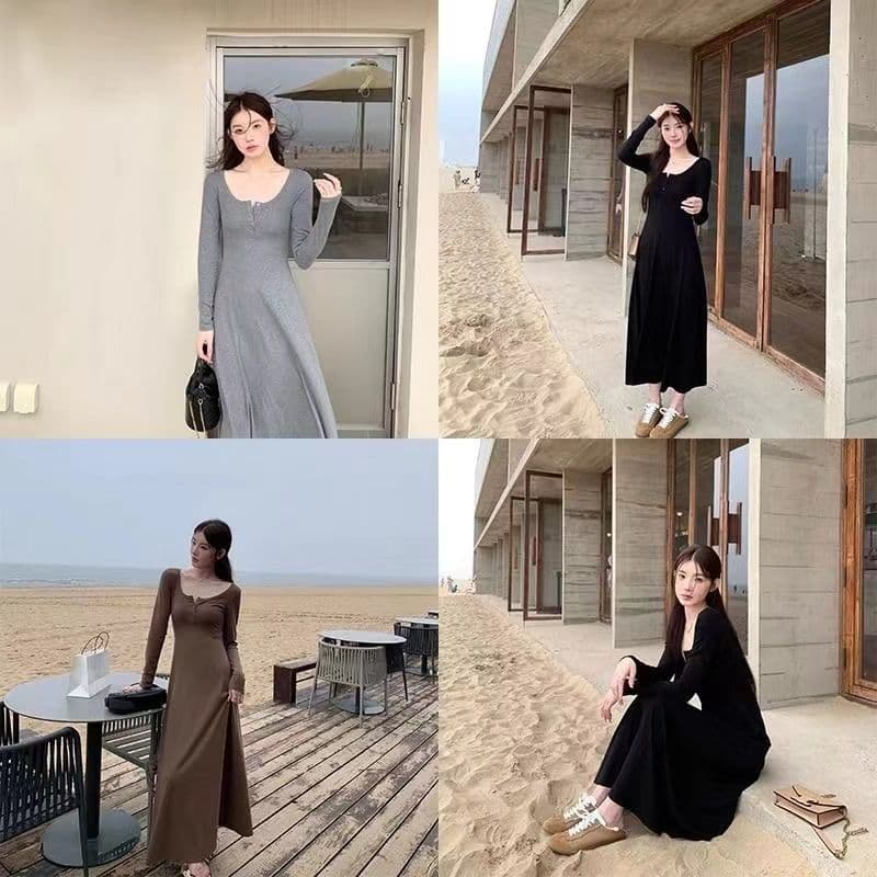 봄 가을 한국 스타일 슈퍼 요정 u 칼라 긴팔 드레스 2026 새로운 품격 몸매 가꾸기 슬림해 보이는 가을 인사이드 가져 가라. 만나는 롱 스커트 상세 이미지 5