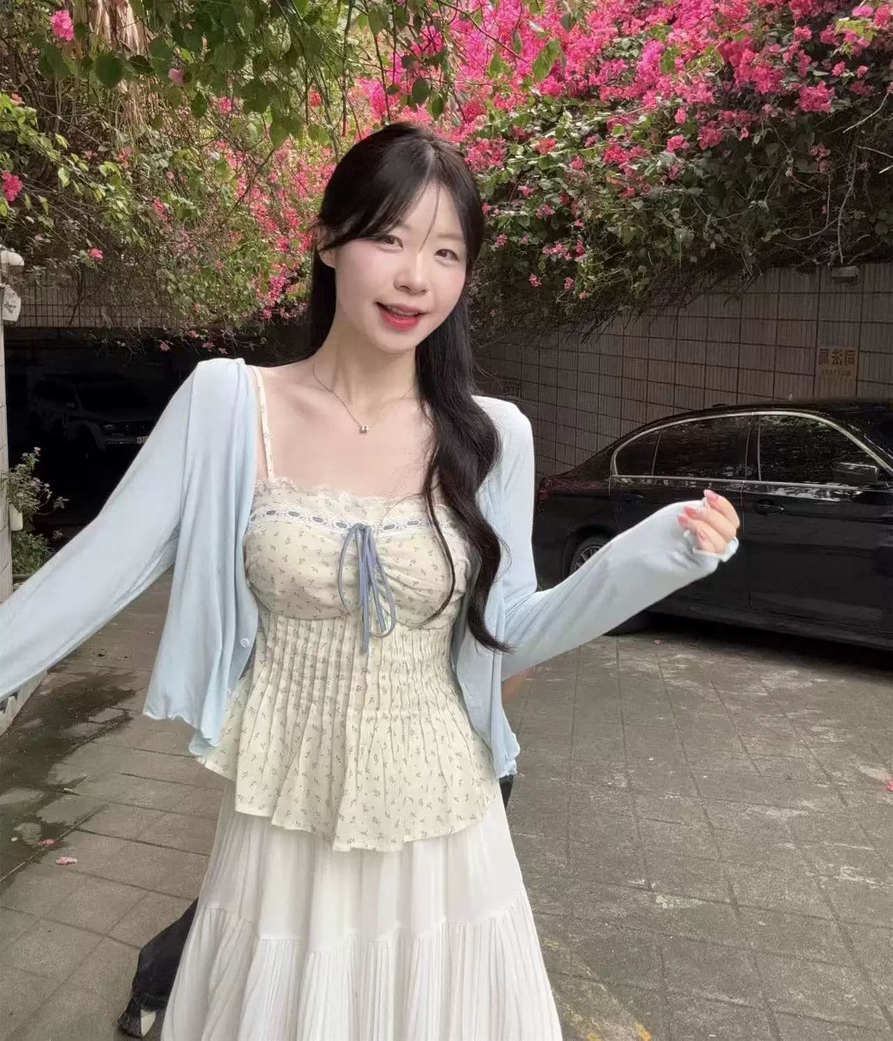 빅 사이즈 여성 의류 꽃무늬 레이스 측면 스트랩 표지 배 슬립 맨위 오픈 가디건 쉬폰 플리츠 스커트 하나 세트 착용 가져 가라.
