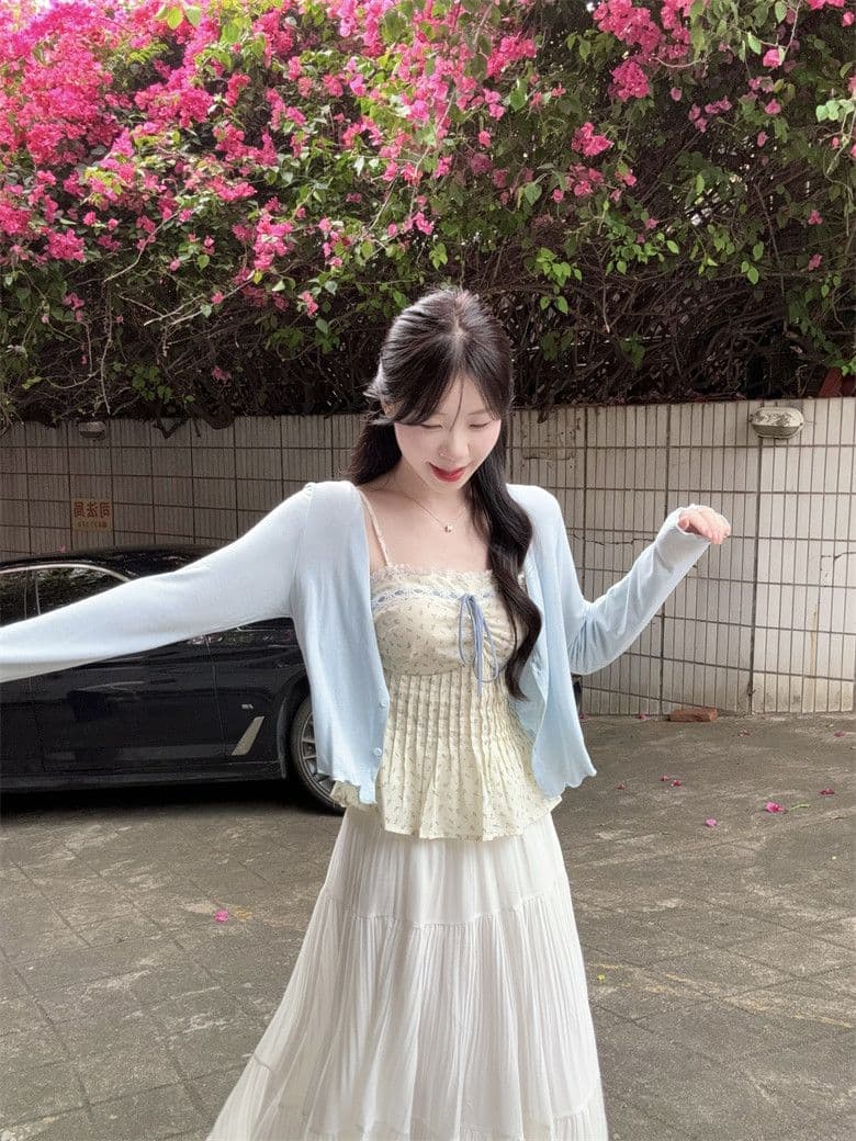 빅 사이즈 여성 의류 꽃무늬 레이스 측면 스트랩 표지 배 슬립 맨위 오픈 가디건 쉬폰 플리츠 스커트 하나 세트 착용 가져 가라. 상세 이미지 4