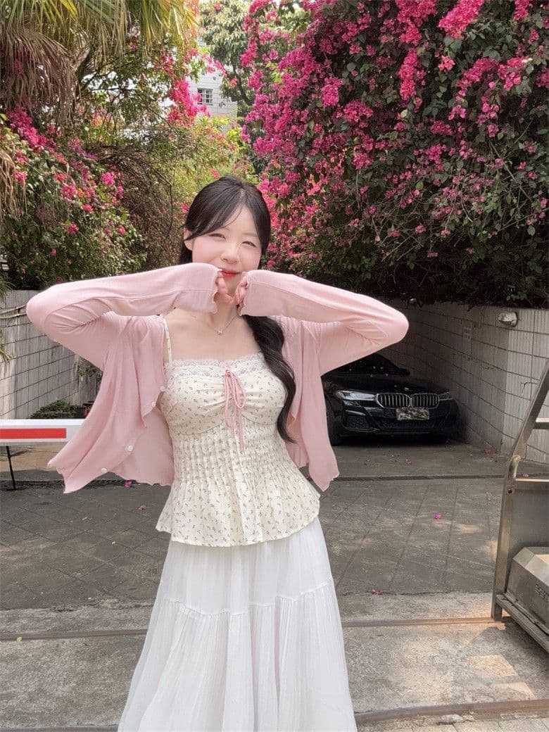 빅 사이즈 여성 의류 꽃무늬 레이스 측면 스트랩 표지 배 슬립 맨위 오픈 가디건 쉬폰 플리츠 스커트 하나 세트 착용 가져 가라. 상세 이미지 11