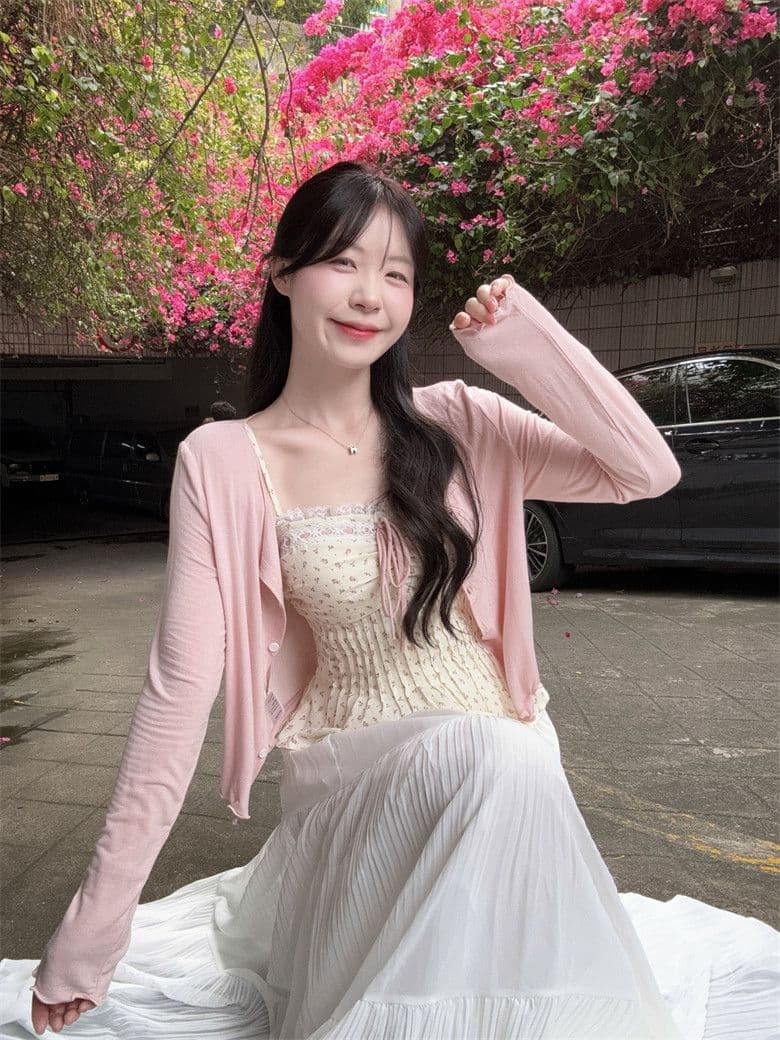 빅 사이즈 여성 의류 꽃무늬 레이스 측면 스트랩 표지 배 슬립 맨위 오픈 가디건 쉬폰 플리츠 스커트 하나 세트 착용 가져 가라. 상세 이미지 12