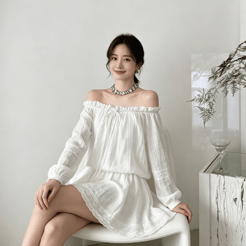빈 하이 로밍 드레스 봄 여름 벌룬 소매 오프숄더 품격 허리 수축 고급 센스 레이스 조각 미니 스커트 투피스 세트 상세 이미지 2