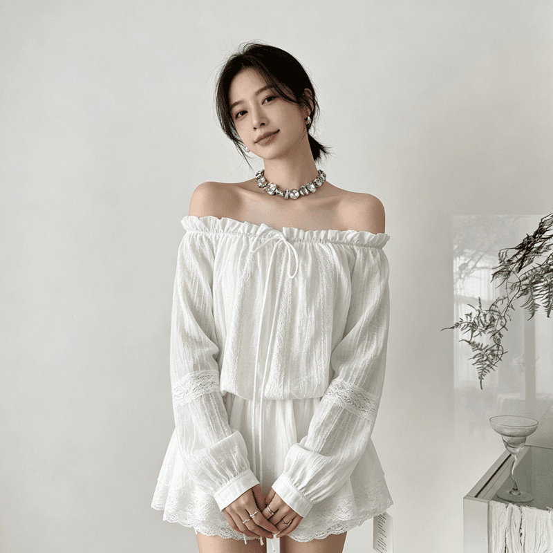 빈 하이 로밍 드레스 봄 여름 벌룬 소매 오프숄더 품격 허리 수축 고급 센스 레이스 조각 미니 스커트 투피스 세트 상세 이미지 4