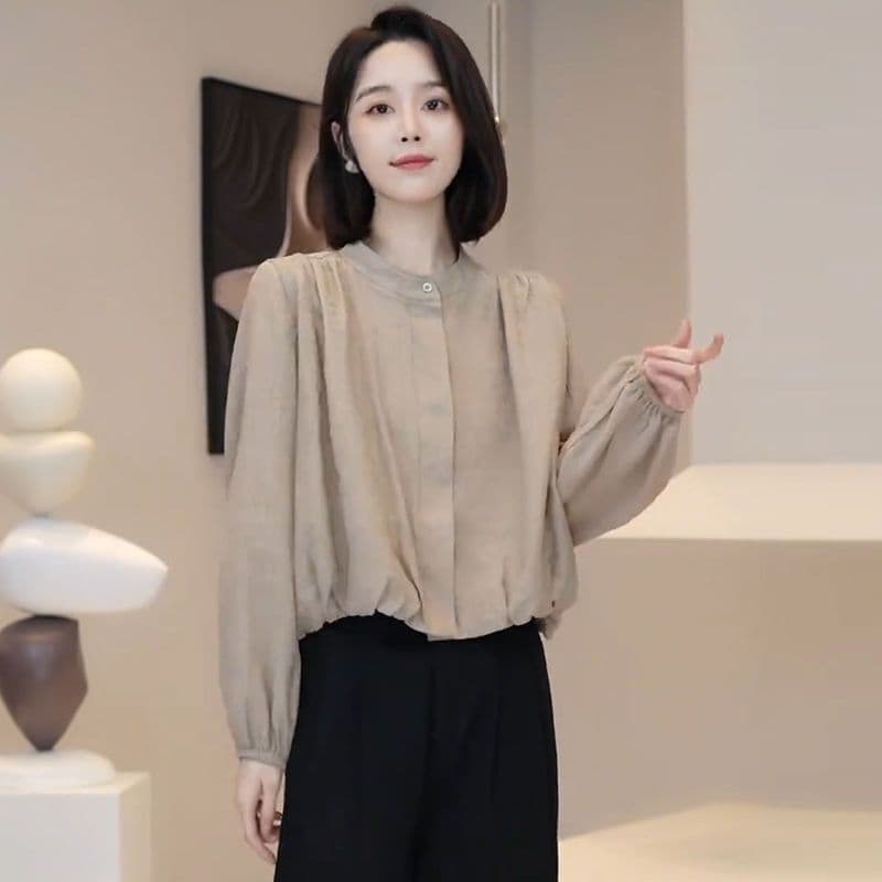 프랑스식 레트로 고급 센스 라운드 넥 긴팔 단색 여성 셔츠 가을 새로운 Chic 고유 한 아름다운 쇼트 스타일 맨위 이미지 2