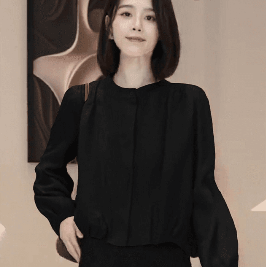 프랑스식 레트로 고급 센스 라운드 넥 긴팔 단색 여성 셔츠 가을 새로운 Chic 고유 한 아름다운 쇼트 스타일 맨위 상세 이미지 3