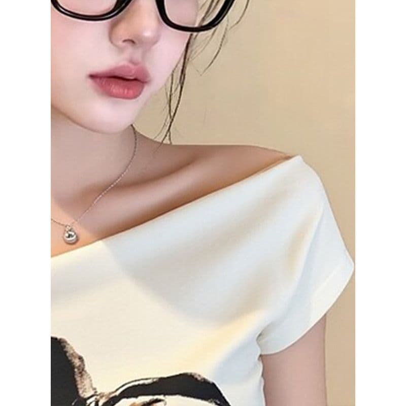 사람들 면 모달 260 그램 핫걸 바람이 아닙니다. 규칙 한 단어 비스듬한 어깨 쇄골 여름 새로운 디자인 오프숄더 맨위 이미지 3