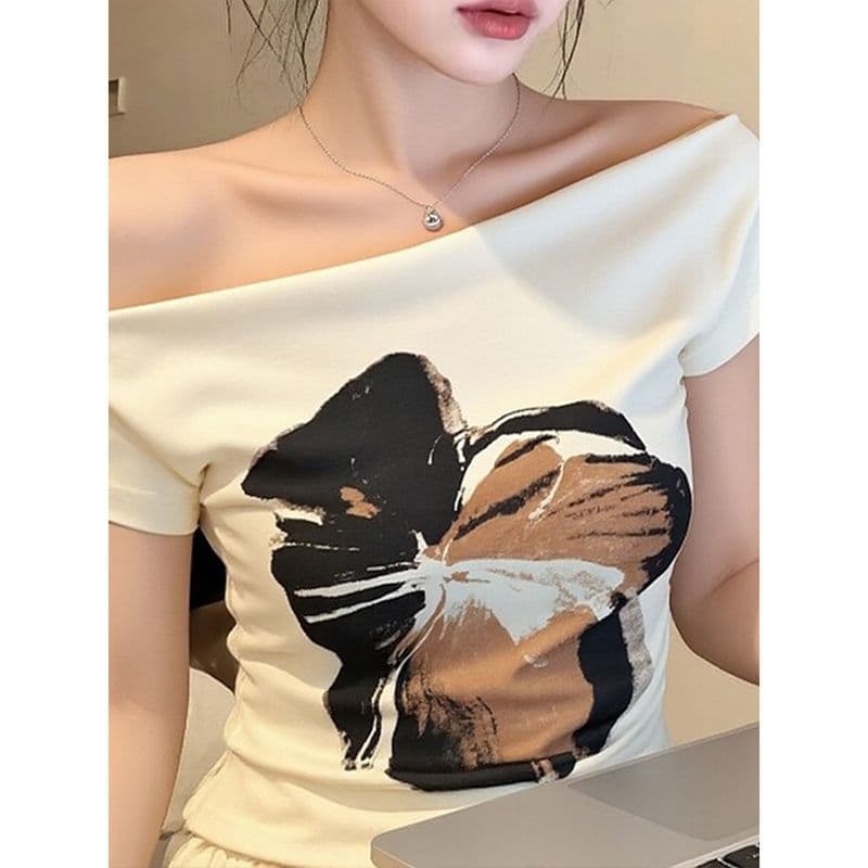 사람들 면 모달 260 그램 핫걸 바람이 아닙니다. 규칙 한 단어 비스듬한 어깨 쇄골 여름 새로운 디자인 오프숄더 맨위 상세 이미지 2