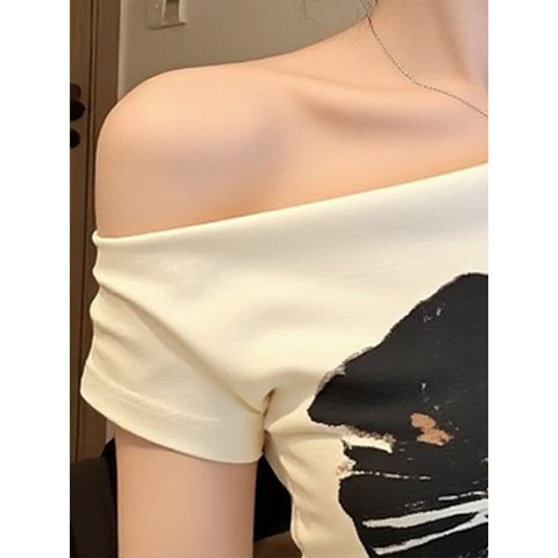 사람들 면 모달 260 그램 핫걸 바람이 아닙니다. 규칙 한 단어 비스듬한 어깨 쇄골 여름 새로운 디자인 오프숄더 맨위 상세 이미지 4