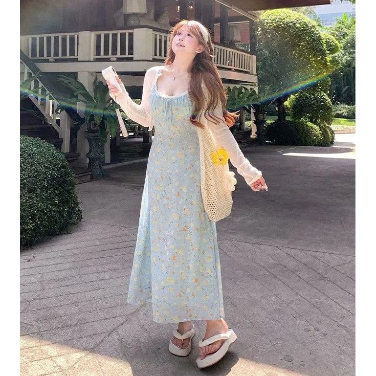 부드러운 부서 빅 사이즈 여성 의류 레이스 꽃무늬 여성 드레스 여름 달콤함 품격 몸매 가꾸기 슬림해 보이는 슬립 치마 이미지 2