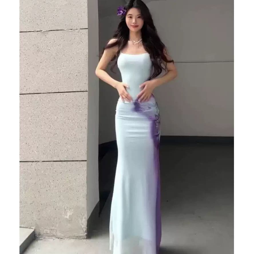 파란색 프린트 슬립 여성 드레스 여름 해변가 휴가 바람 품격 허리 수축 아름다운 인어 꼬리 타이트 스커트 길다 치마 이미지 3