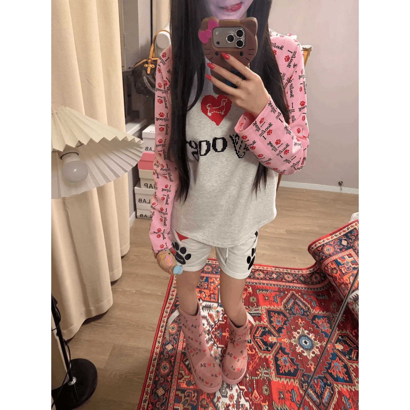 작은 대중 Chic 봄 가을 새로운 루즈핏 다용도 개 알파벳 프린트 배색 삽입 어깨 소매 길이 소매 티셔츠 여성 상세 이미지 5