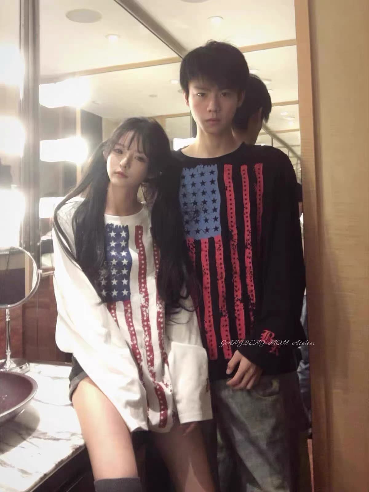 아메리칸 레트로 마 오래된 국기 프린트 긴팔 티셔츠 여성 루즈핏 캐주얼 다용도 조수 브랜드 커플 디자인 센스 맨위 상세 이미지 1