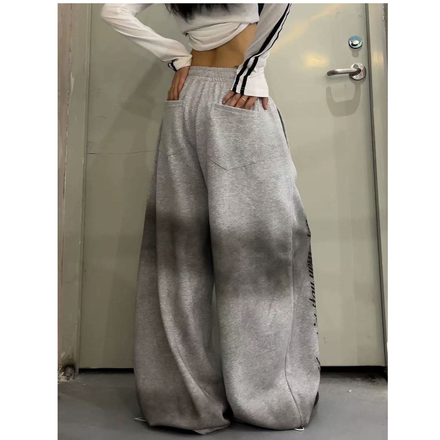 아메리칸 높음 거리 더러운 염색 십자가 알파벳 프린트 넓은 다리 모통이 칼 웨이 바지 여성 재즈 댄스 도루 센스 캐주얼 바지 트렌디 상세 이미지 5