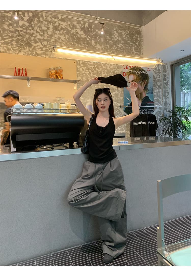 아메리칸 높음 거리 더러운 염색 십자가 알파벳 프린트 넓은 다리 모통이 칼 웨이 바지 여성 재즈 댄스 도루 센스 캐주얼 바지 트렌디 상세 이미지 26