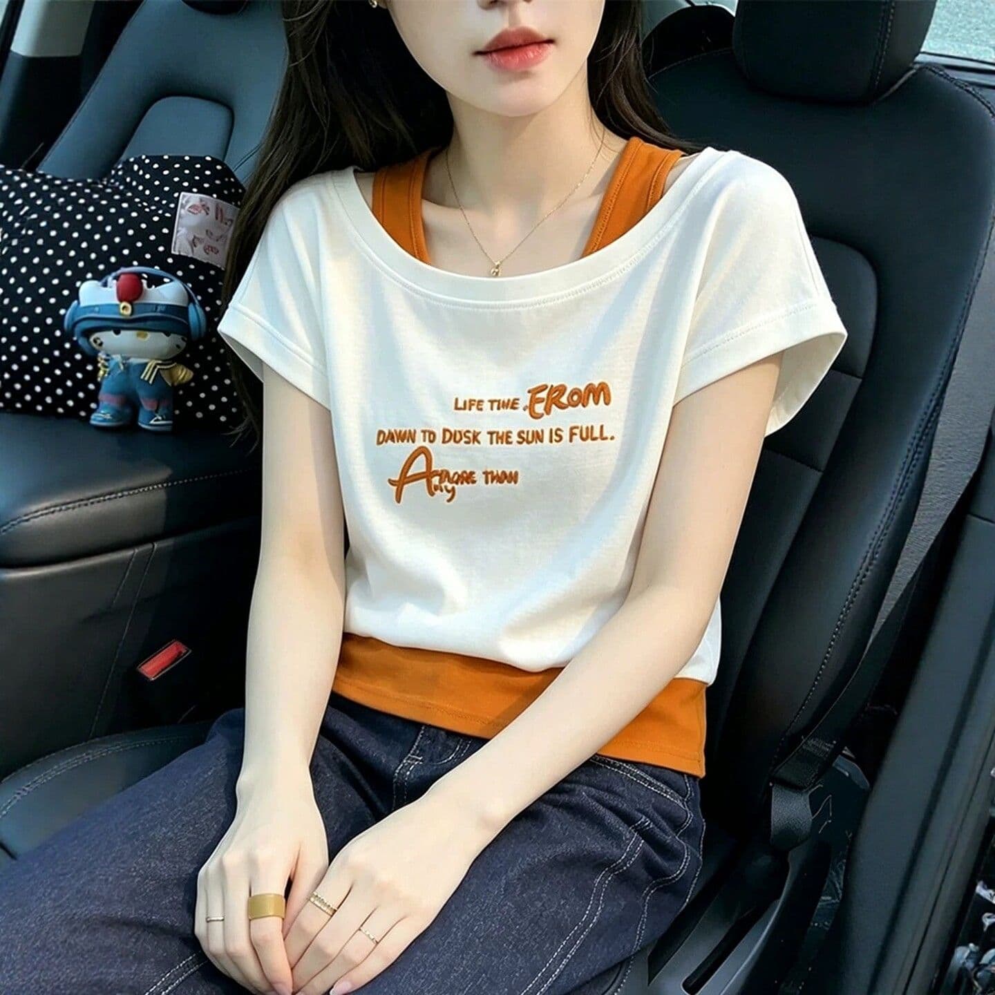 260 그램 사람들 면 리브 92 접착제 8 암모니아 배색 페이크 레이어드 알파벳 프린트 반팔 티셔츠 여성 여름 맨위