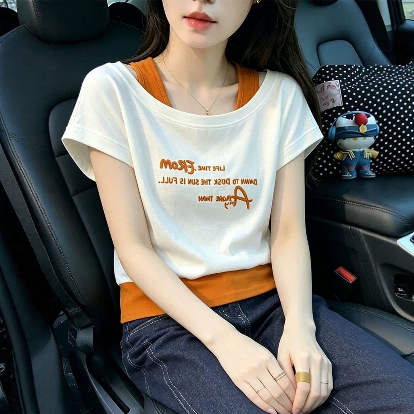 260 그램 사람들 면 리브 92 접착제 8 암모니아 배색 페이크 레이어드 알파벳 프린트 반팔 티셔츠 여성 여름 맨위 이미지 4