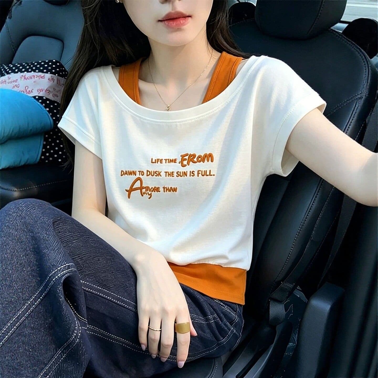 260 그램 사람들 면 리브 92 접착제 8 암모니아 배색 페이크 레이어드 알파벳 프린트 반팔 티셔츠 여성 여름 맨위 이미지 5